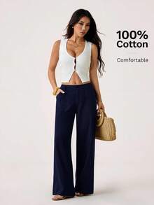 SHEIN PETITE 100% Washed Cotton Low Waist Straight Pants - Navy Blue - View 5