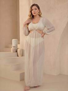 Swim Vcay Plus Size Women Long Sleeve Solid Color Flowy Casual Sexy Beach Beach Vacation Maxi Dress Beige Summer - Beige - View 4