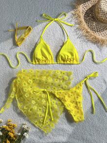 Swim Mod 女士三件套沙滩夏季套装：印花吊带上衣、侧系带比基尼泳裤和透明纯色纱笼裙，度假比基尼套装 - 黃色 - 查看 2