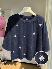 Comfortcana Maglietta in 100% cotone a maniche corte, taglia comoda, con motivo a fiocchi di neve lavati, maglia corta ricamata primaverile, blu navy - Blu Navy - Visualizzare 8