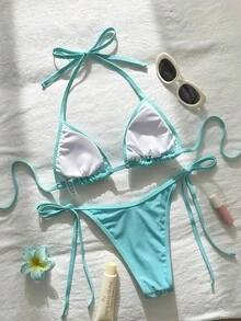 Bonvoyette Swim MOD 两件式蝴蝶亮片纹理挂脖三角比基尼上衣和侧系带泳裤性感泳装套装，女士，春夏款 - 薄荷藍 - 查看 2