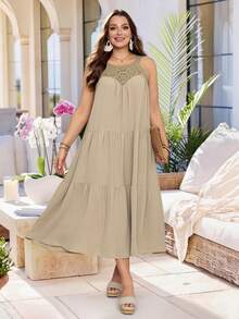 Rosumi Vacation Style Hollow Collar Sleeveless Plus Size Dress Gym Brown Summer - Apricot - View 4