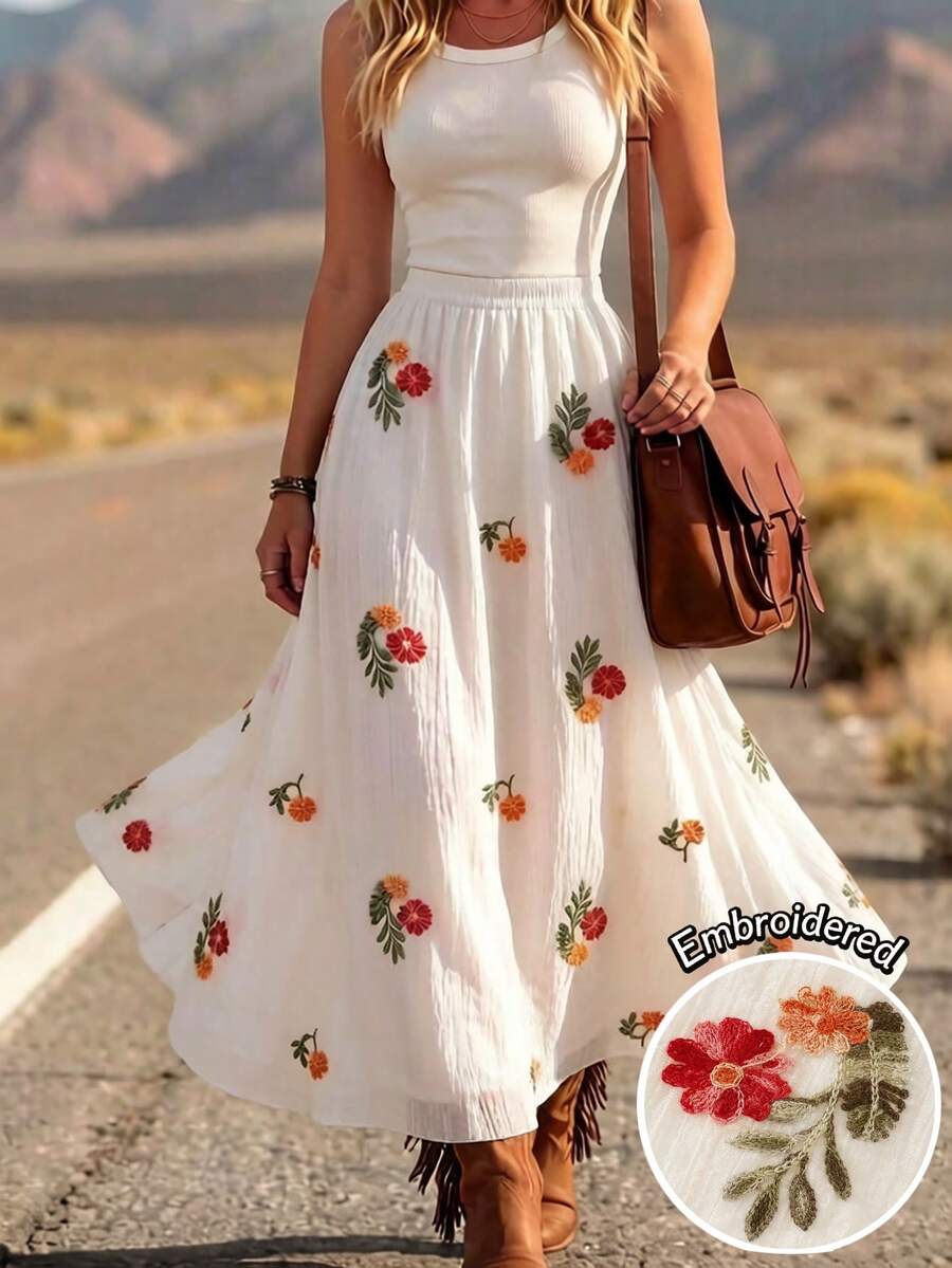 SHEIN LilyWest Váy thường ngày thêu hoa, thích hợp cho kỳ nghỉ. - Màu be - Xem 1