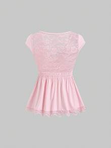 SHEIN Sweetro Áo thun dáng ôm, gợi cảm, phối ren, đa năng phong cách Y2K, thích hợp đi làm và đi nghỉ mát. - Hồng - Xem 2