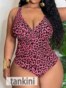 Slaydiva Plus Size Women 2pcs/Set Random Leopard Print Casual Swimwear Set Gym Summer - Multicolor - View 1