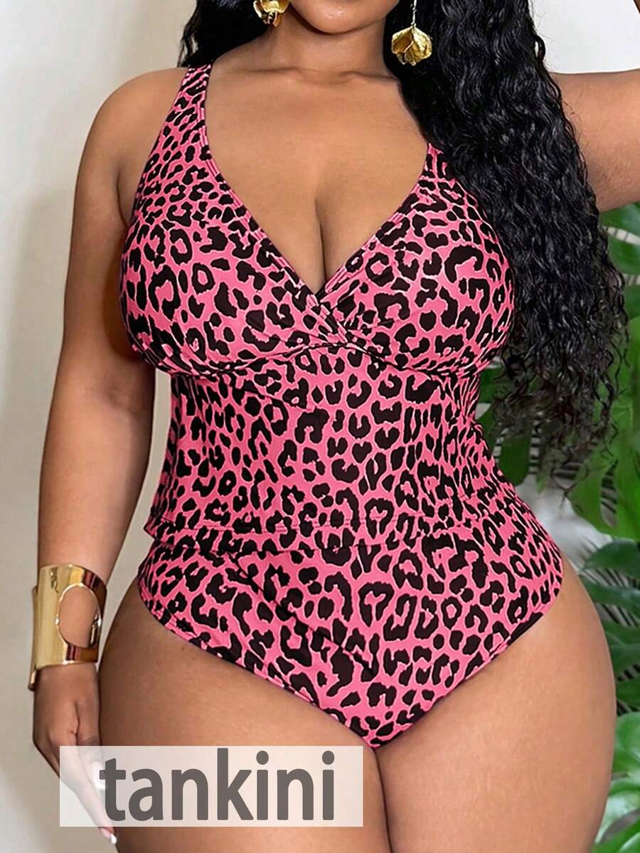 Slaydiva Plus Size Women 2pcs/Set Random Leopard Print Casual Swimwear Set Gym Summer - Multicolor - View 1
