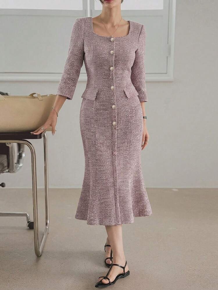 Women's Square Neck 3/4 Sleeve Elegant Midi Dress, Fitted Silhouette, Suitable For Commuting, Spring & Summer Sun Dresses For Women