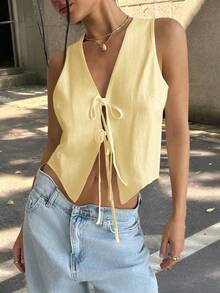 Comfortcana Áo khoác cardigan không tay, màu trơn, thắt nơ phía trước, dành cho nữ cỡ lớn, màu vàng. - Màu vàng - Xem 4