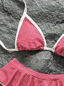 Swim Mod Women's Retro Red & White Plaid Halter Bikini Set,Ruffle Hem Skirt Swimwear For Summer,Tropical,Holiday,Pool Party,Vacation,Beach,Resort,Holiday - Red and White - View 4