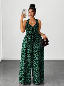 Bộ jumpsuit hở vai gợi cảm cỡ lớn in họa tiết da báo - màu xanh lá - Xem 5