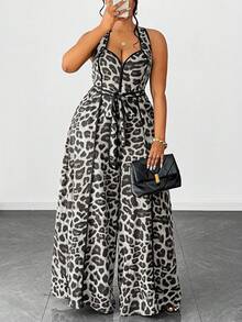 Maweii Plus Size Sexy Off-Shoulder Leopard Print Jumpsuit - Grey - View 2
