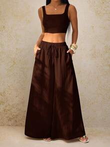 SHEIN PETITE Bộ đồ thể thao mùa xuân/hè mới, kiểu dáng thường ngày gồm áo hai dây và quần ống rộng có túi, chất liệu vải có họa tiết. - Màu Đỏ Sâu - Xem 4