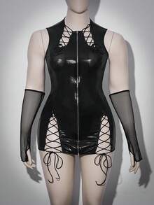 AltCore Conjunto de lencería sexy y de moda de talla grande: Camisón + Tanga + Mangas para brazos (3 piezas) - Negro - Ver 3