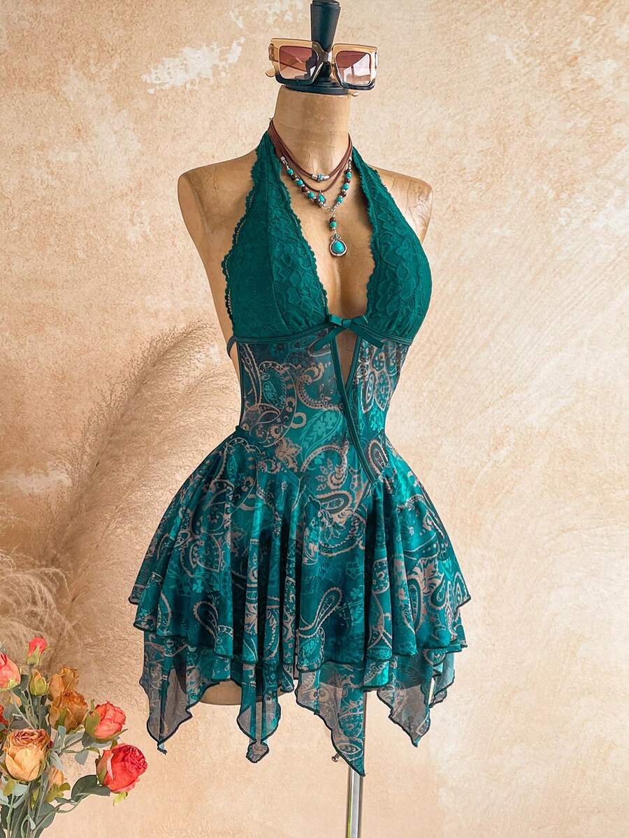 Soleia Đầm ngắn nữ họa tiết hạt điều, vạt bất đối xứng, cổ yếm, gợi cảm, thích hợp cho kỳ nghỉ. - Nhiều màu - Xem 1