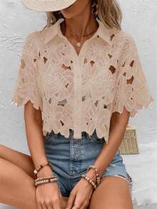SHEIN Clasi Women's Fashion Versatile Hollow Embroidered Single-Breasted Shirt - Apricot - View 4