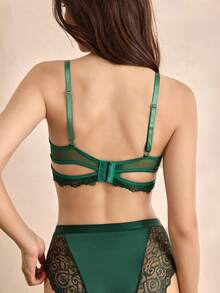 Charlaine Women's Elegant Solid Color Lace Patchwork Bra - Dark Green - View 3
