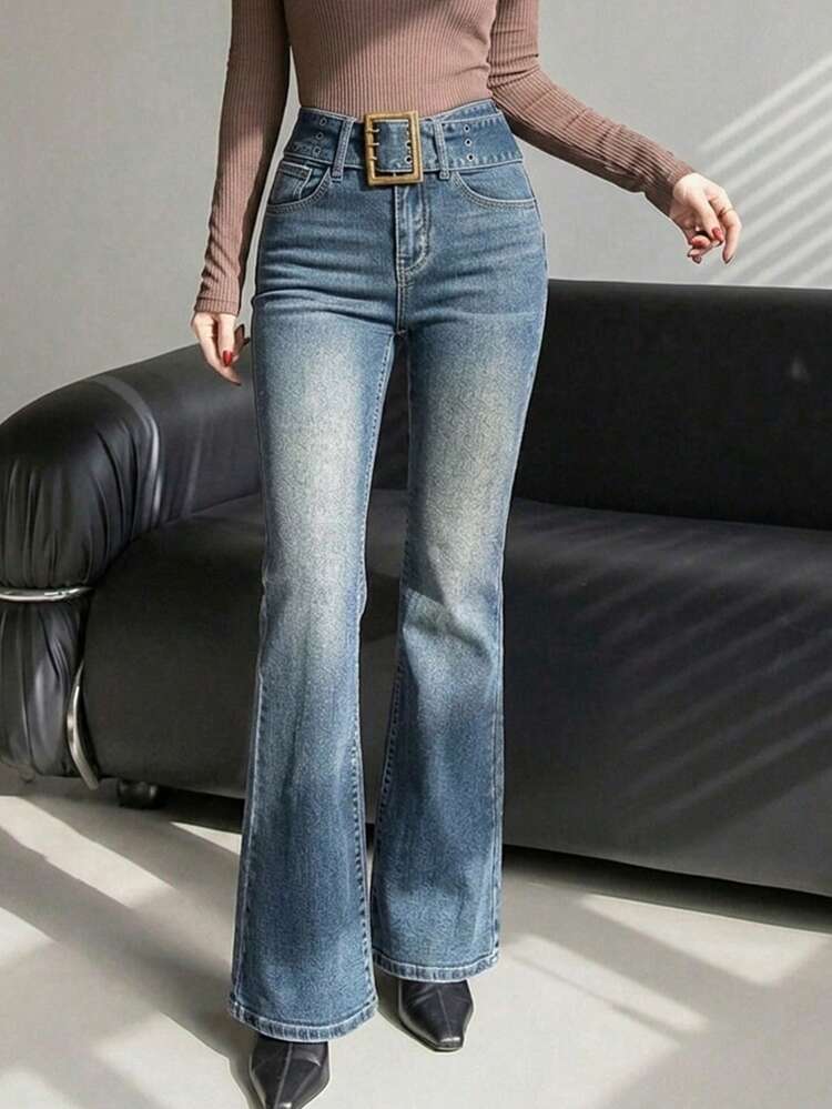 Women's Pocket Button Casual Versatile Daily Wear Flare Leg Jeans