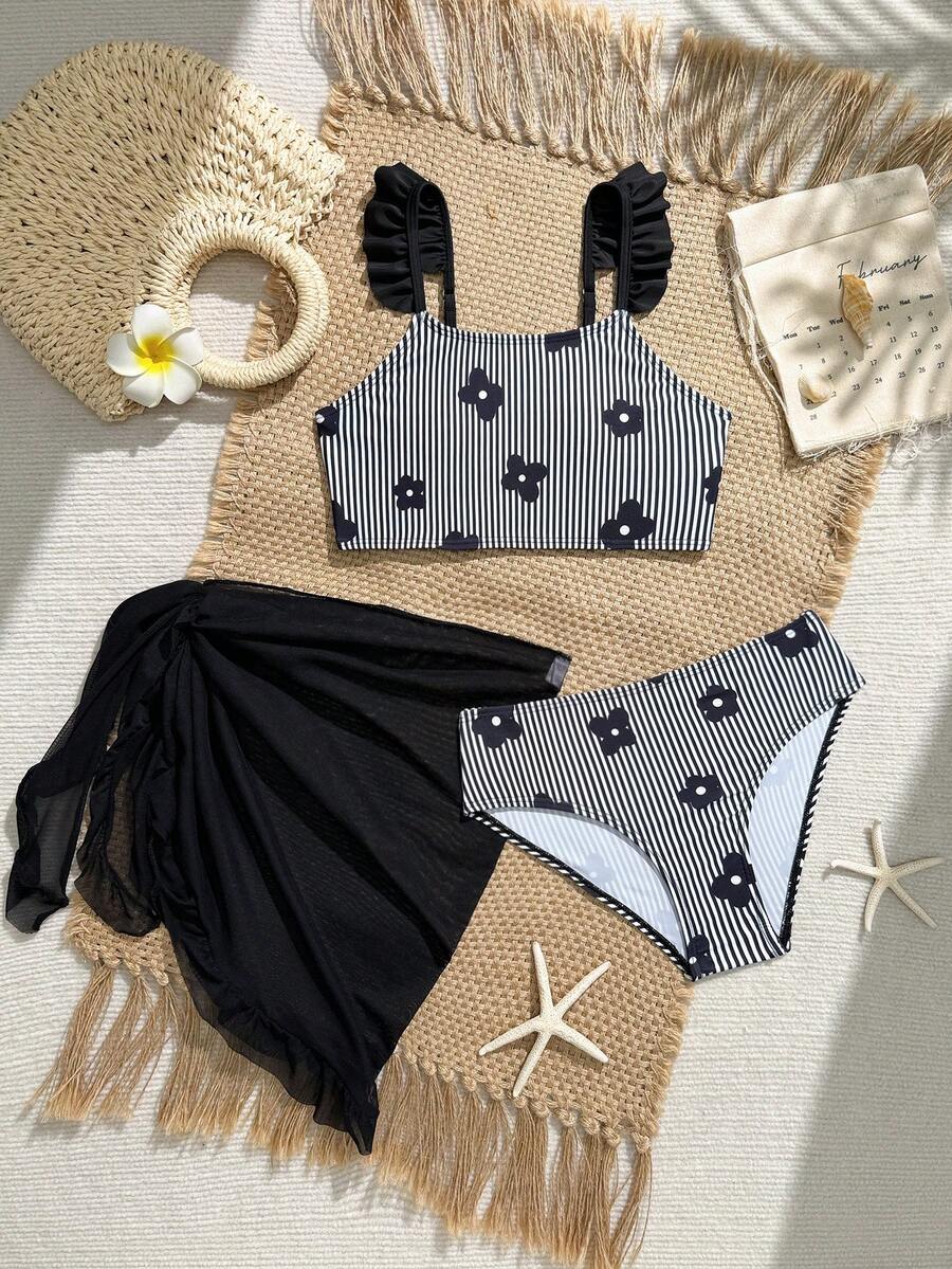 SHEIN Tween Girls Cute Knit Bow Solid Color Ruffled Pink Mesh Fabric Knit Fabric Triangle Bikini Set, Fashionable Casual Elegant Suitable For Swimming, Vacation, Summer - Multicolor - View 1
