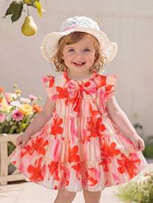 SHEIN Vintaside Kids 1 chiếc đầm mùa hè mới cho bé gái, họa tiết hoa, nơ trang trí, thích hợp cho mùa xuân, hè, thu, mặc thường ngày, đi nghỉ mát, dự tiệc, đi biển. - Nhiều màu - Xem 4
