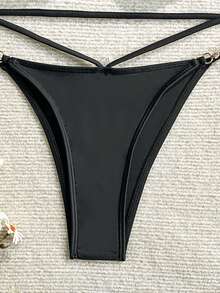 SHEIN Swim SXY Summer Beach Women's Solid Color Hollow Out Chain Decor Bikini Set - Black - View 7