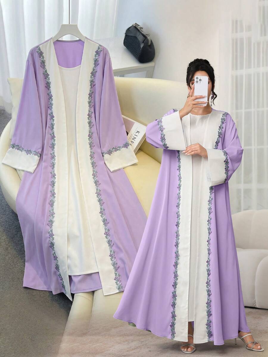 Al Najma 时尚优雅的彩色花卉饰边翻领拼接喇叭袖长袍外套