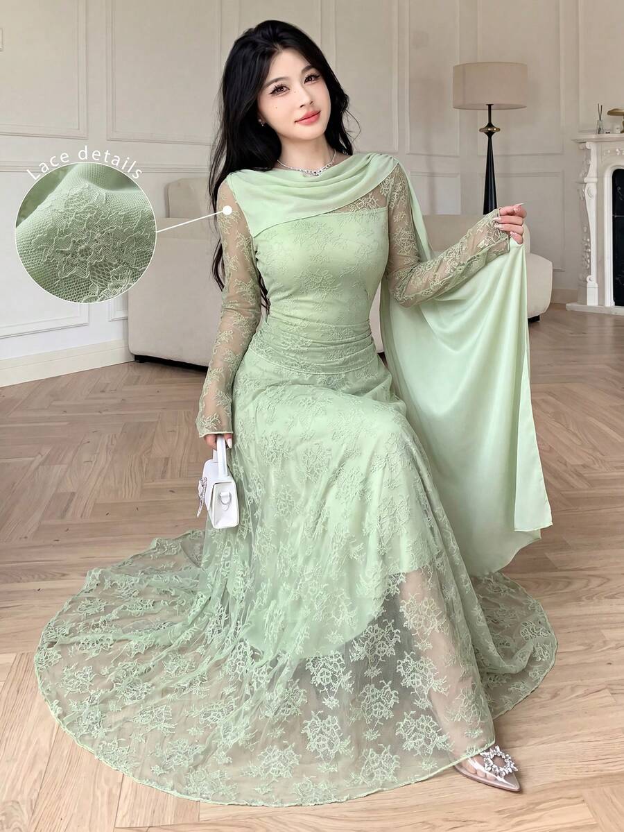 Modelyn Mint Green Elegant Lace & Chiffon Patchwork Slim Fit Dress, Spring/Summer - Green - View 1