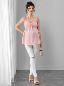 孕妇时尚简约褶皱系带休闲背心 - 淺粉色 - 查看 6