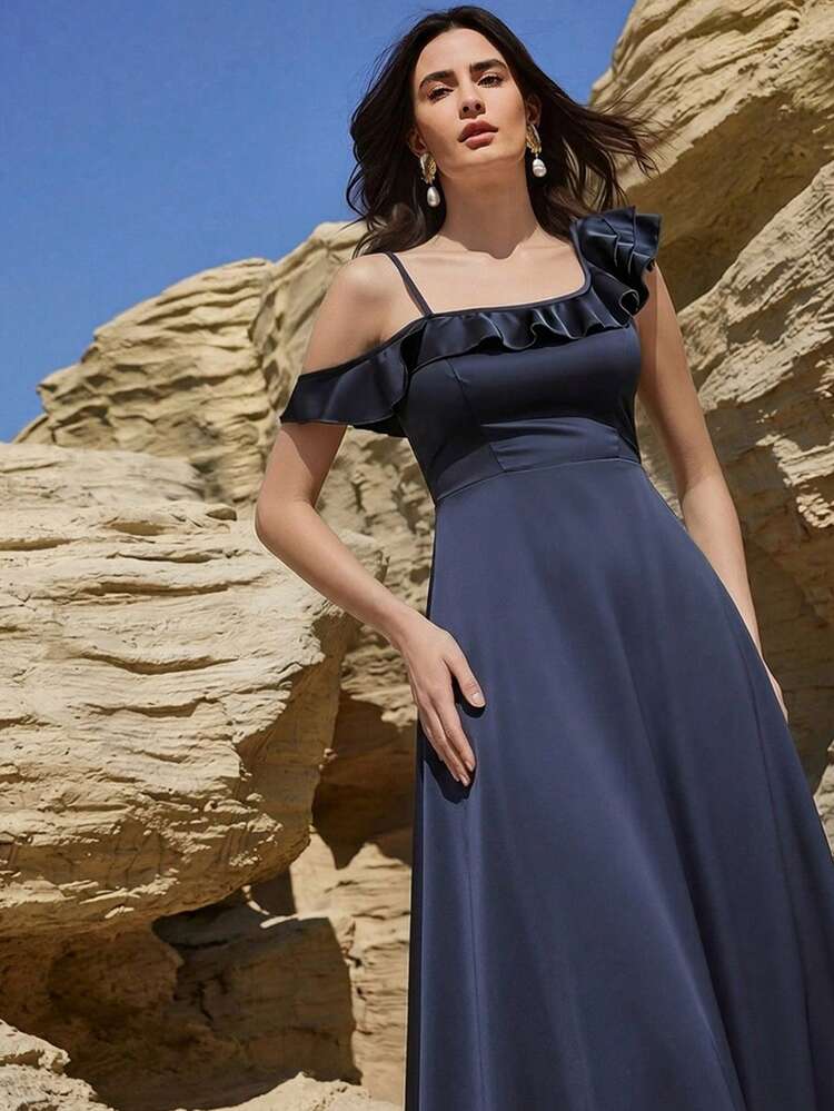 Navy Blue Elegant Asymmetrical Shoulder Ruffle Hem Long Dress For Women, Spring & Summer
