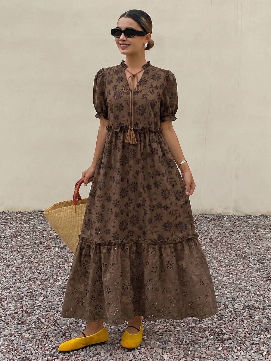 DAZY Damen Allover-Muster Plissee Lässig Party Reise Maxikleid Sommerkleid - Braun - Übersicht 1