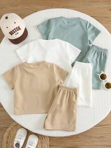 SHEIN 6pcs/Set Baby Boy Casual Cute Knitted Embossed Pattern Loose Short Sleeve T-Shirt And Shorts Set, Multi-Color, Basic Outfit - Multicolor - View 2