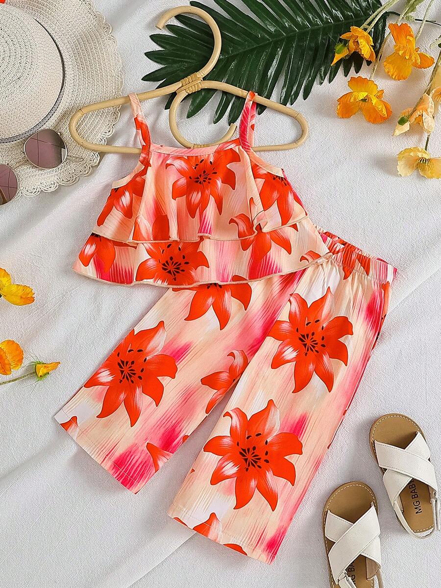SHEIN 两件套女童碎花宽松吊带背心+裤子,度假风休闲夏季套装。色彩缤纷的碎花吊带背心套装,采用舒适透气的面料,宽松版型设计,适合女孩日常穿着、户外玩耍或夏季家庭聚会。 - 彩色 - 查看 1