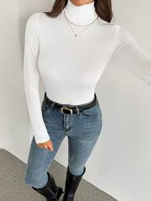SHEIN Tall 2pcs/Set Solid Color Slim Fit Turtleneck White Tops, Suitable For Autumn And Winter, Tall Women Golf Basic - White - View 10