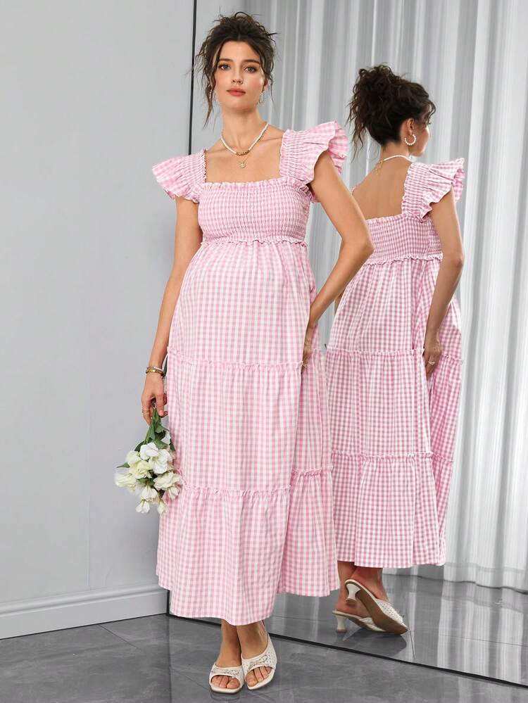 pink blue maternity dress SHEIN And Summer Anthropologie Inspired Baby Shower Gender Reveal Photoshoot Maternity Dress,Plaid Patchwork Adjustable Waist Loose making them perfect for _okendo:syndication_key:CL136595002 Lost in Flowering Fields US KIDS SIZE:12 Toddler