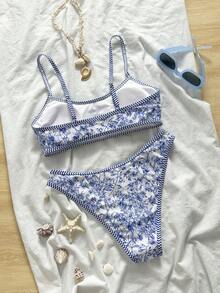 Swim Mod 女士泳衣套装，碎花印花，细肩带，露背，两件套，夏季海滩度假 - 藍白色 - 查看 2