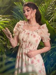 Modelyn Digital Print Square Neck Short Sleeve Dress For Women Spring Dresses For Women Fleurora Spring And Summer Elegant Dress Tea Party Dress For Women Beautiful Dresses For Woman Maxi Dress For Women Picnic Dresses For Ladies Summer Dress For Women Chiffon Peasant Dress Floral Print Dress For Women - Multicolor - View 3