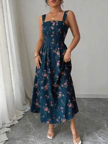 Elenzga Gaun Panjang Wanita Motif Bunga Terbaru Musim Semi/Panas yang Elegan dengan Lipatan di Pinggang - Navy Blue - View 4