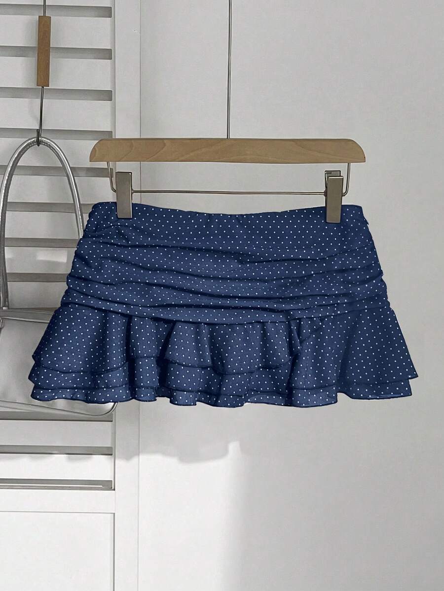 Elamini Chân váy ngắn chấm bi xếp tầng màu xanh hải quân kiểu retro, trang phục thường ngày thoải mái, thích hợp cho tiệc tùng, lễ tốt nghiệp, phong cách sinh viên, trang phục đi biển. - Màu xanh hải quân - Xem 1