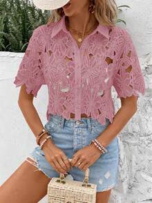 SHEIN Clasi Solid Color Hollow Front Button Short Sleeve Cropped Fashionable Shirt, Summer - Dusty Pink - View 3