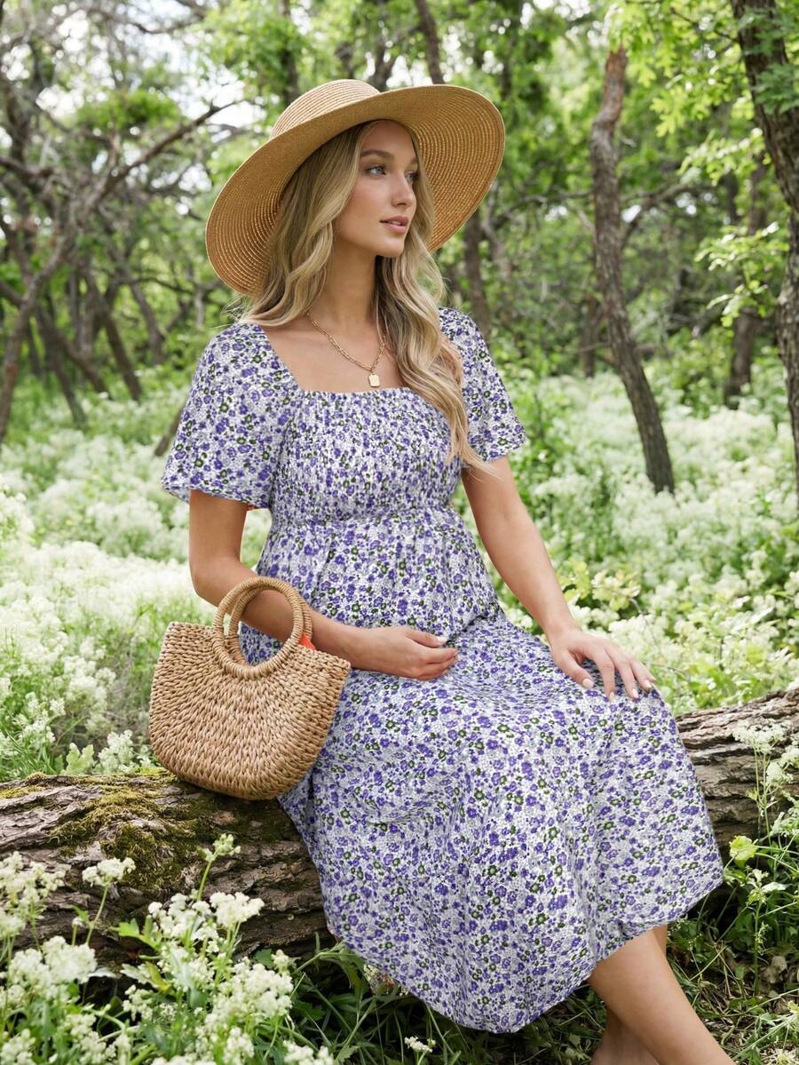 Boho Mama Vestido de maternidad con estampado floral para vacaciones - Púrpura malva - Ver 1