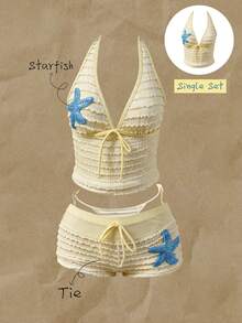 Elavelle Áo hai dây kiểu dáng mảnh, chất liệu vải jacquard, họa tiết sao biển, thích hợp mặc bikini mùa xuân/hè dành cho nữ. - Màu vàng - Xem 1