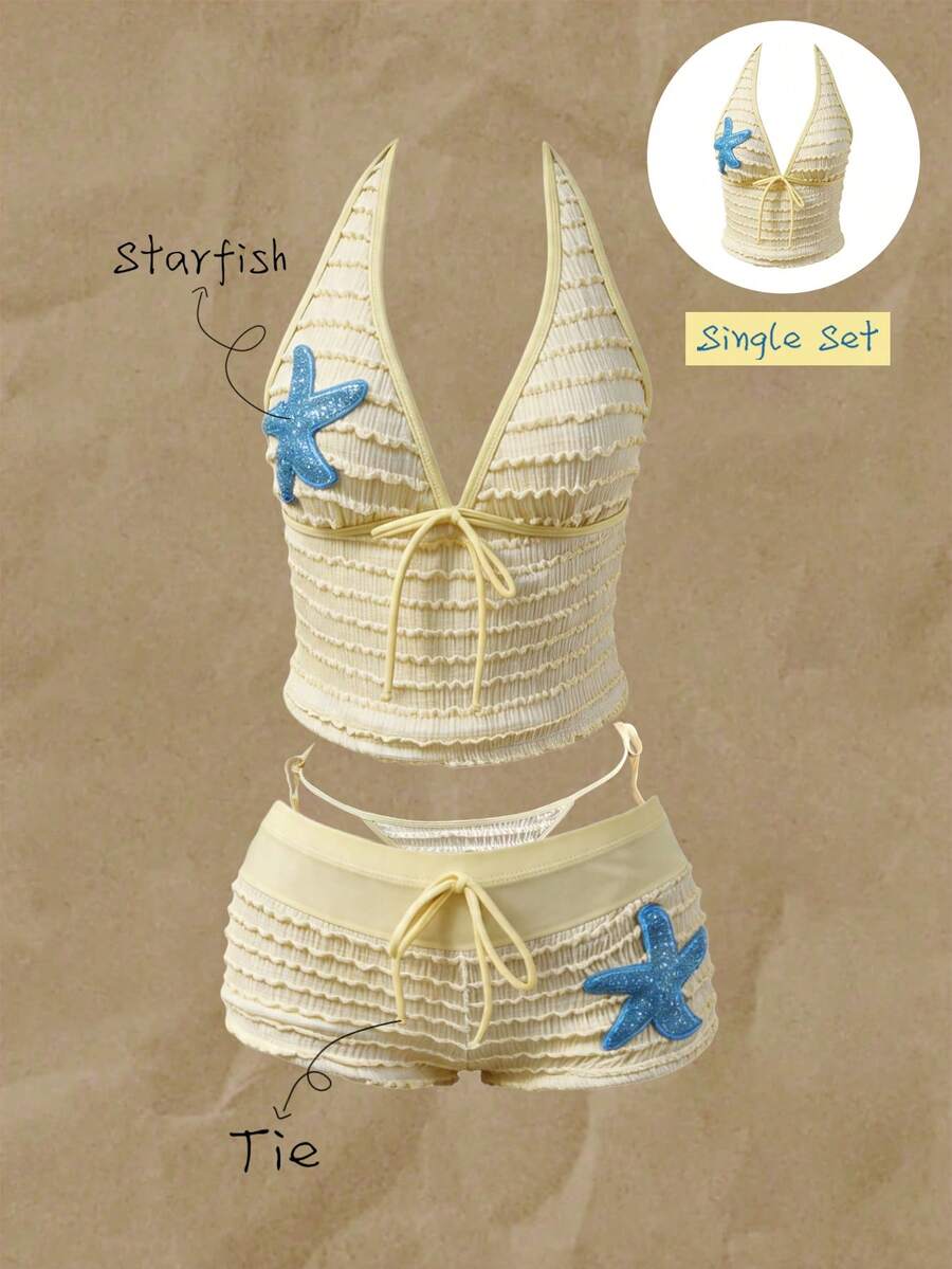 Elavelle Áo hai dây kiểu dáng mảnh, chất liệu vải jacquard, họa tiết sao biển, thích hợp mặc bikini mùa xuân/hè dành cho nữ. - Màu vàng - Xem 1