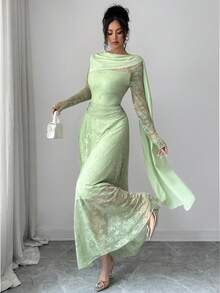 Modelyn Mint Green Elegant Lace & Chiffon Patchwork Slim Fit Dress, Spring/Summer - Green - View 6