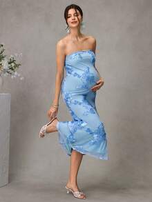 Đầm bầu, không dây vai, ôm sát, dáng đuôi cá, thiết kế hai lớp, vải lưới jacquard, đầm dài. - Màu xanh nhạt - Xem 3