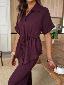 Elouméa Size Summer Casual Solid Color Drawstring Waist Shirt And Pants 2 Pieces Set - Burgundy - View 5