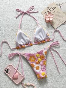 Swim MOD 两件套泳衣，彩色蕾丝花卉纹理面料，挂脖三角胸罩上衣和侧系带泳裤，性感比基尼泳装，女士春夏款 - 彩色 - 查看 2