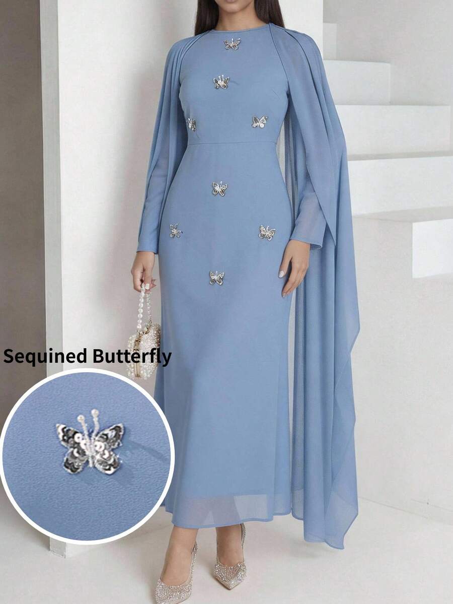 Women's Elegant Butterfly Applique Pleated Arabic Style Dress - Blue - View 1