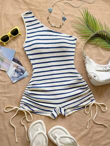 Soleia Women's Striped Sleeveless Side Drawstring Jumpsuit,White Casual Beach Festival Summer Vacation Holiday - Multicolor - View 1