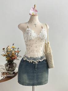 Elamini Áo hai dây cổ yếm bằng vải lưới xuyên thấu gợi cảm, thêu hoa, phong cách tối giản mùa hè dành cho nữ. - trắng - Xem 3
