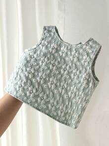 Cozy Pixies Baby Girl Sleeveless Solid Color Round Neck Vest With Bow Decor - Mint Green - View 2