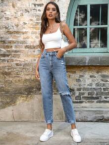 SHEIN Tall Quần jeans nữ ống côn, quần denim phong cách vintage thường ngày. - Rửa nhẹ - Xem 6